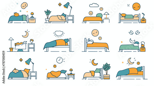 Sleeping bedtime rest and bed thin line icons set