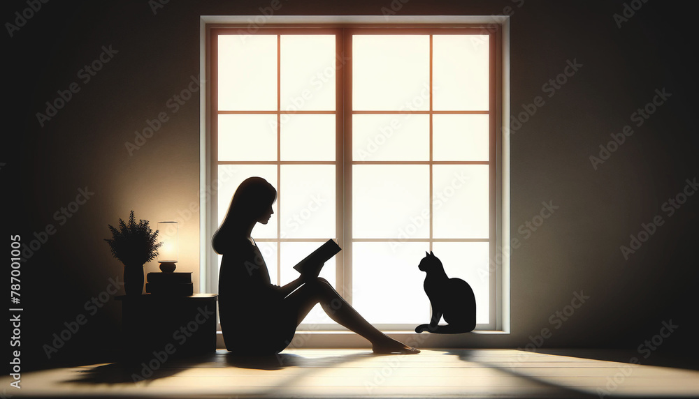 Silhouette of a Woman and Cat Reading by the Window Silhouette of a Woman and Cat Reading by the Window