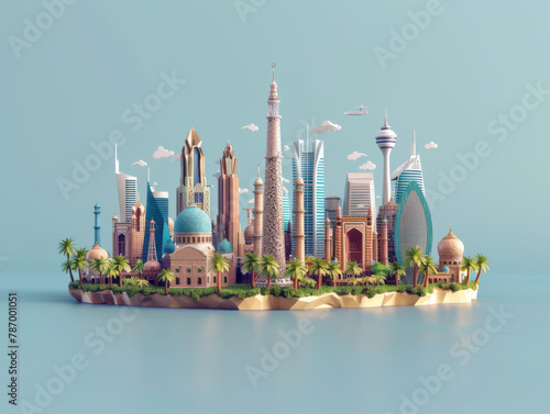 A stylized 3D illustration of a futuristic floating city with diverse architectural elements.