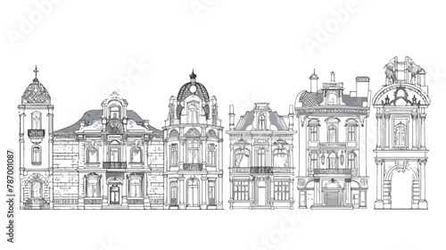 Historic old buildings line style. Outline old city bu