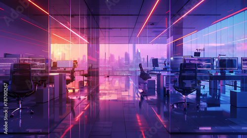 Modern neon cyberpunk open space office interior blurred with information technology overlay