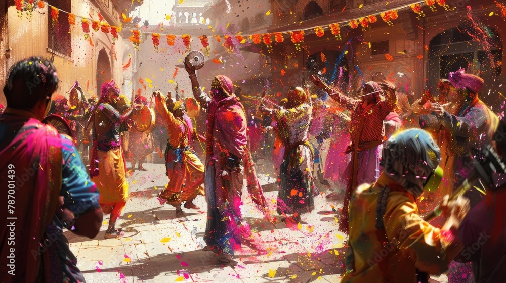 A colorful Holi procession with musicians, dancers, and participants singing and dancing