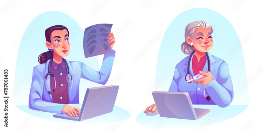 Fototapeta premium Woman doctor working at desk with laptop. Cartoon vector set of young and old female medical specialist in white clothes with stethoscope on neck sitting at table with computer in clinic office.