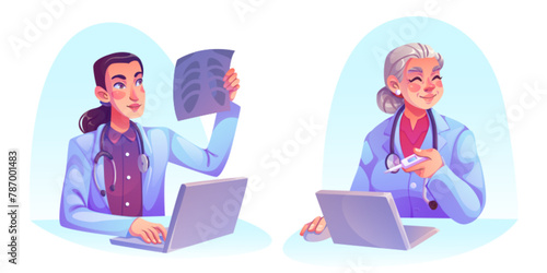 Woman doctor working at desk with laptop. Cartoon vector set of young and old female medical specialist in white clothes with stethoscope on neck sitting at table with computer in clinic office. © klyaksun