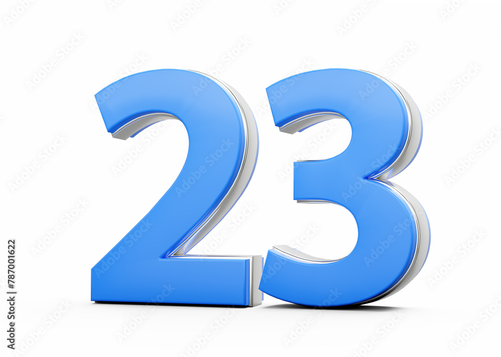 3D Number 23 Twenty Three Made Of Blue Body With Silver Outline On White Background 3D Illustration