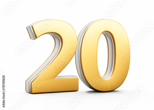3D Golden Shiny Number 20 Twenty With Silver Outline Isolated On White Background 3D Illustration