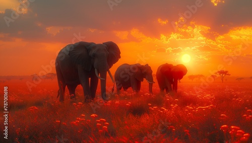 Elephants in a field of red flowers under a sunset sky © RichWolf