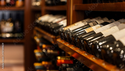 Bottles of black red wine lined up, stacked and resting diagonally on wooden shelves in a luxury collectible wine store.
