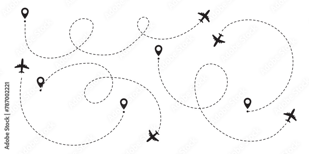 Airplane Track, Plane Path, Aircraft Tracking, Flight Trace, Plane Track to Point, Line Way, Air Lines Collection, Vector Illustration Airplane Track, Plane Path, Aircraft Tracking, Flight Trace, Plane Track to Point, Line Way, Air Lines Collection, Vector Illustration