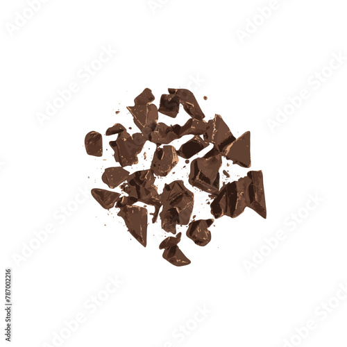 Broken Grated Chocolate Isolated, Broken Crushed Chocolate Shavings, Crumbs for Desserts Decoration on White Background Top View