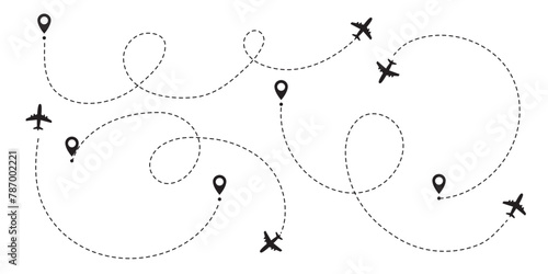 Airplane Track, Plane Path, Aircraft Tracking, Flight Trace, Plane Track to Point, Line Way, Air Lines Collection, Vector Illustration