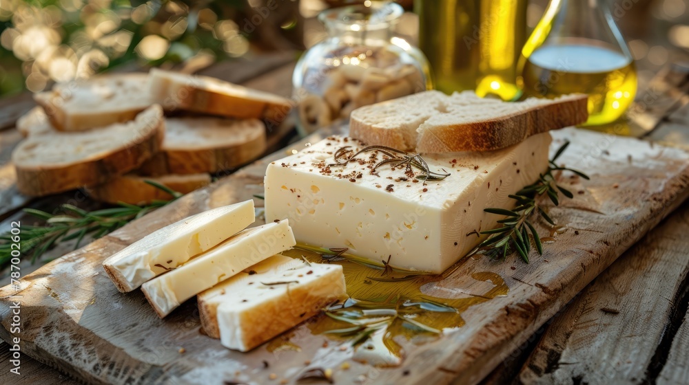 Tasty homemade cheese paired with white bread and olive oil