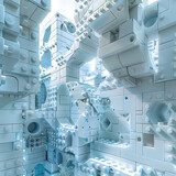 ss lego cubes 3d rendering, in the style of light white and azure, futuristic spacecraft design, simplified structures, , interlocking structures, constructivist inspired, light blue and white