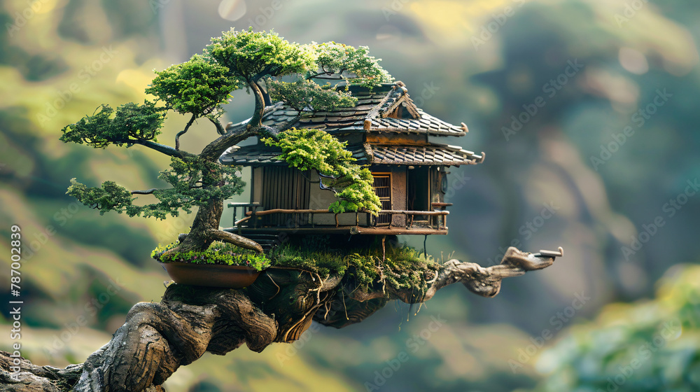 Obraz premium Fantasy japanese tree house in a bonsai tree peaceful