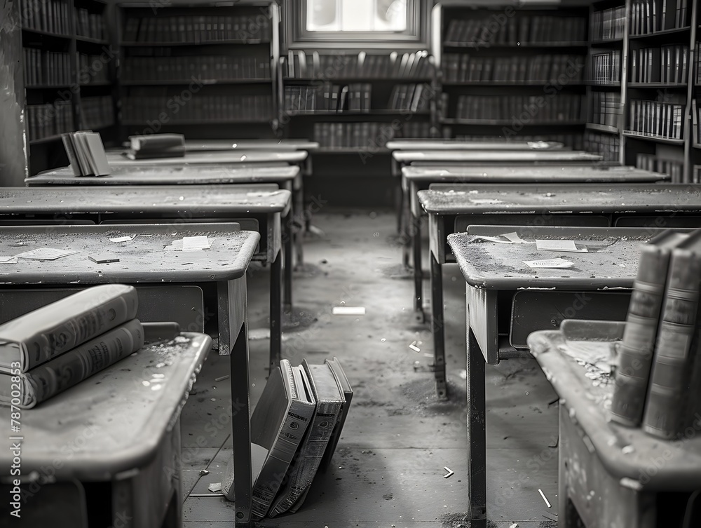 Abandoned Classroom Frozen in Time A Black and White Portrait of Nostalgia and Bygone Memories