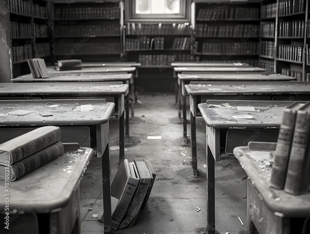 Abandoned Classroom Frozen in Time A Black and White Portrait of Nostalgia and Bygone Memories Abandoned Classroom Frozen in Time A Black and White Portrait of Nostalgia and Bygone Memories