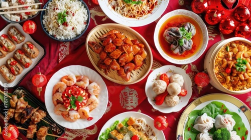 A family reunion dinner with delicious Chinese dishes for the New Year