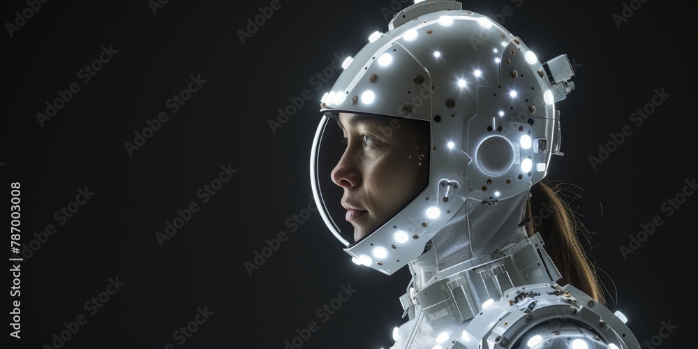 A frontal profile view of a woman in an all white minimalist retro space armor A frontal profile view of a woman in an all white minimalist retro space armor