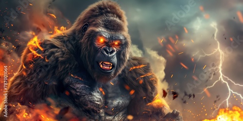 a fully body shot of an enraged gorilla with a glowing aura as heâ€™s transforming into ultra instinct form, with fur catching fire, with lightning in the background 