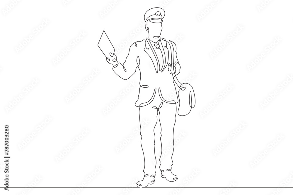 Postman delivers mail. Postman in official uniform. Mail. Delivery of letters. One continuous line . Line art. Minimal single line.White background. One line drawing.