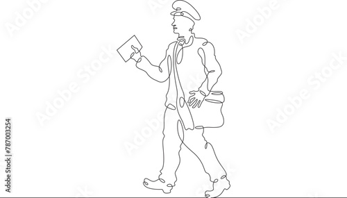 Postman delivers mail. Postman in official uniform. Mail. Delivery of letters. One continuous line . Line art. Minimal single line.White background. One line drawing.
