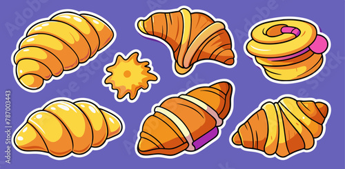 Set of illustrations of croissant stickers,, illustration of bread, croissant, Stickers Design, 