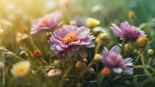 Tender and bright blurry colorful field flowers background. Morning light  mist and soft bokeh effect meadow wallpaper. Artistic summer spring floral botanical photography concept.