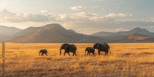 An elephant family journeying across the savanna, the fading sunlight casting long shadows, with distant mountains standing tall against the evening sky. photo