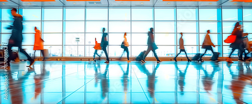 A blurred background of a modern airport with a full glass facade. Abstract motion blurred side view of people walking through the terminal.