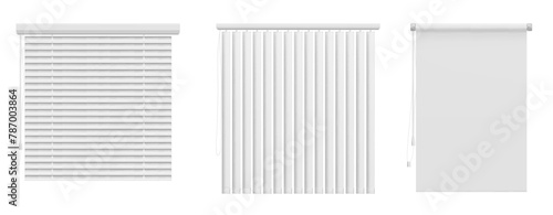 Window blinds set isolated on white background. Vector realistic illustration of horizontal and vertical white venetian shutters, jalousie shade for home, office interior, metal and fabric sunshade
