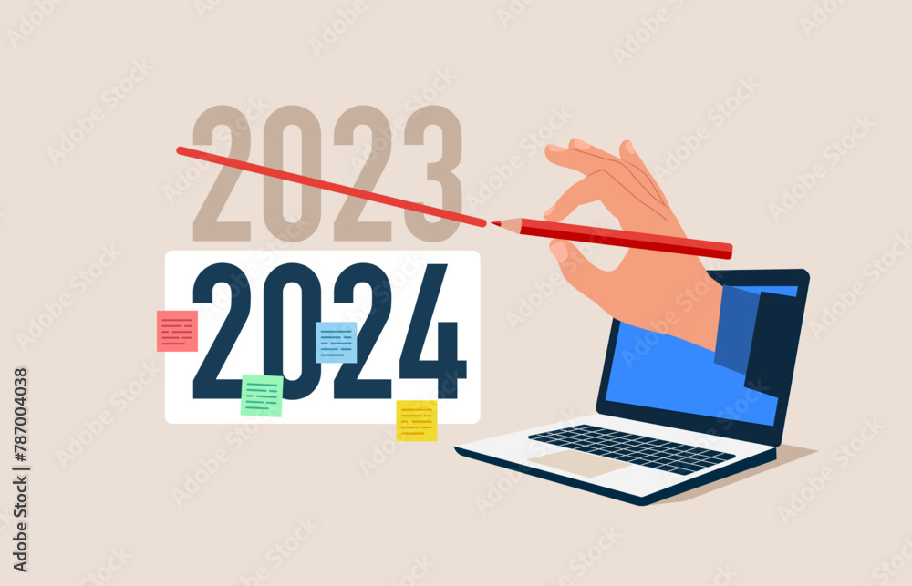 2024 business planning. Goal for 2024. Holding a pencil for writing a business plan. Flat vector illustration. 2024 business planning. Goal for 2024. Holding a pencil for writing a business plan. Flat vector illustration.