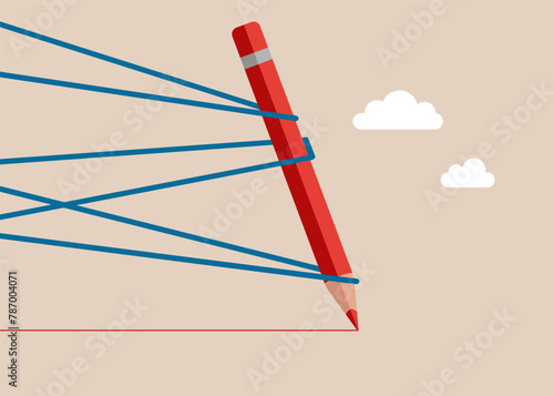 Red pencil trying to run away with full effort. Business difficulty or struggle with career to overcome to success. Flat vector illustration