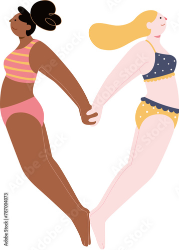 Two woman with swimsuit stretching by back to back
