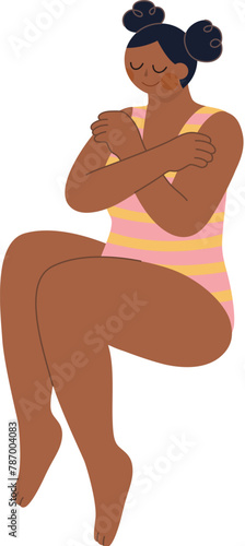 Woman with bikini hugs herself