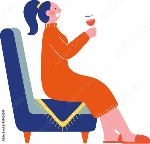 Sitting woman on the chair raises a glass of wine and cheers happily
