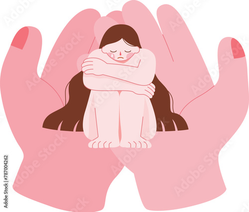 Two big hands hold a naked sad girl to show the protection