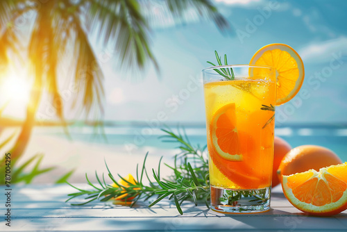 Glass with refreshing exotic orange cocktail with orange slices and rosemary on a table on a beach background with palm trees and blue sky. Copy space.