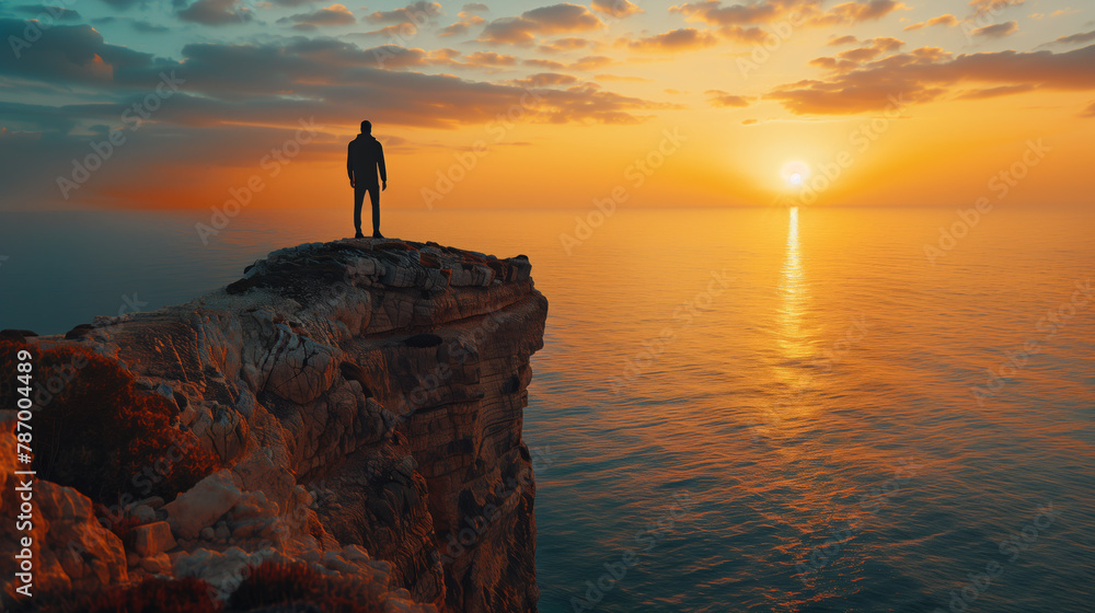 A silhouette of a successful man standing on a high cliff, overlooking the ocean, the horizon meeting the sea, reflecting on achievements and goals.