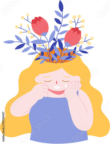 Sad girl with  flowers on the head showing recovery slowly