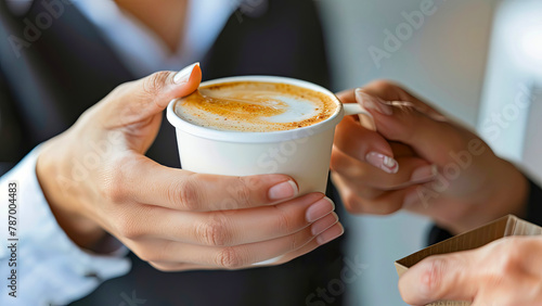 A close-up of a woman hand giving a white cup of coffee to a colleague.