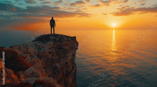 A silhouette of a successful man standing on a high cliff  overlooking the ocean  the horizon meeting the sea  reflecting on achievements and goals.