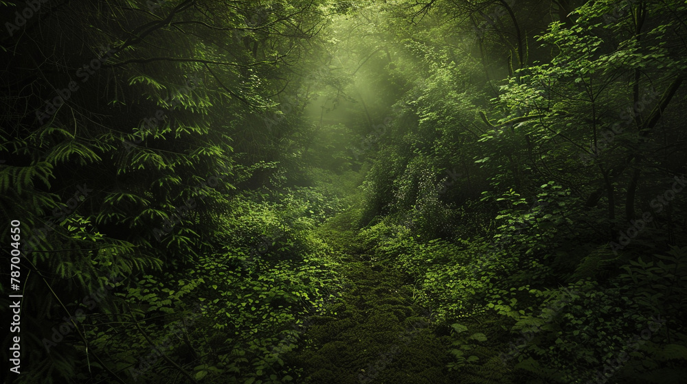 Immerse yourself in the haunting beauty of a green forest, where nature's shadows cast a chilling presence. 