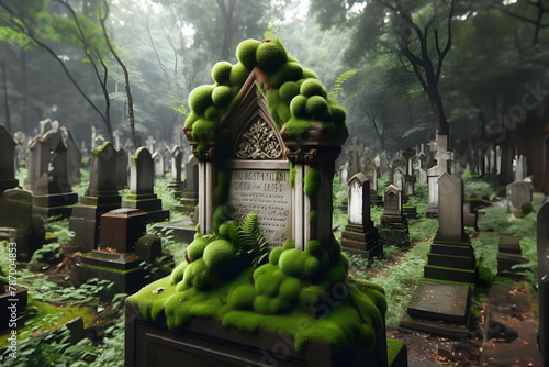 moss growing on a tombstone in a cemetery, grave, graveyard background, graveyard landscape, abandoned graveyard