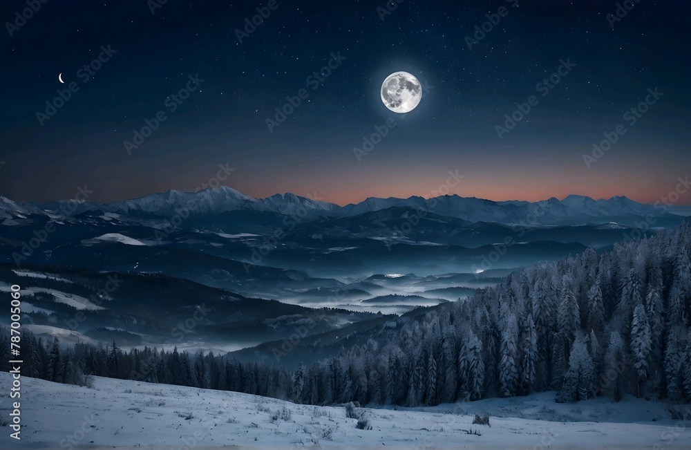 Beautiful Winter Landscape with Trees, Mountains and the Moon above the horizon, Night Landscape Beautiful Winter Landscape with Trees, Mountains and the Moon above the horizon, Night Landscape