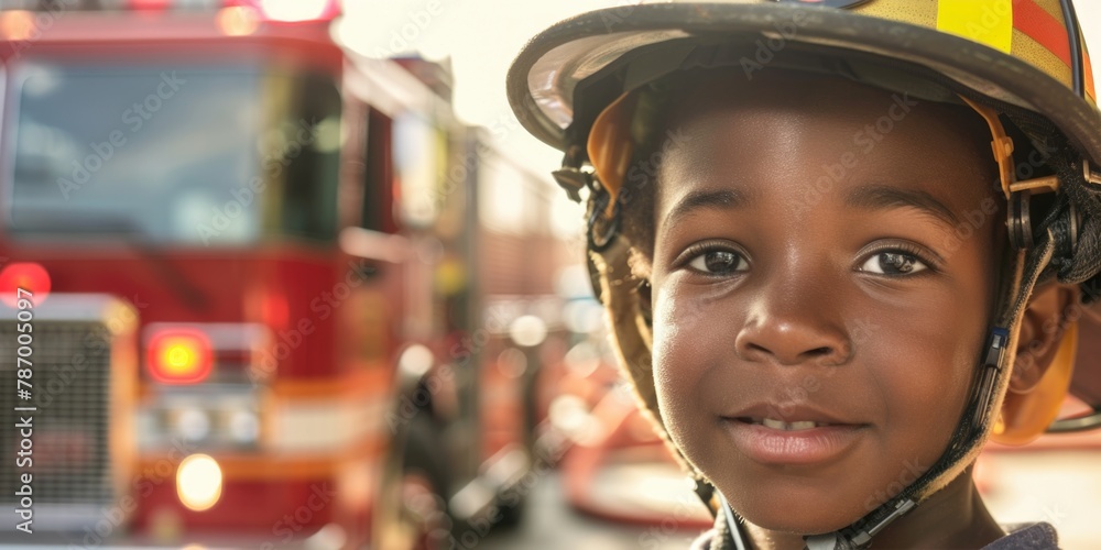 Young Aspiring Firefighter in Gear with Fire Truck in Background Young Aspiring Firefighter in Gear with Fire Truck in Background