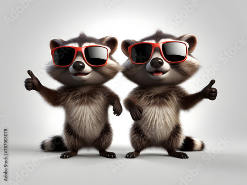3d  Illustration of a Portrait of a funny raccoons in sunglasses showing a gesture  isolated on a white background