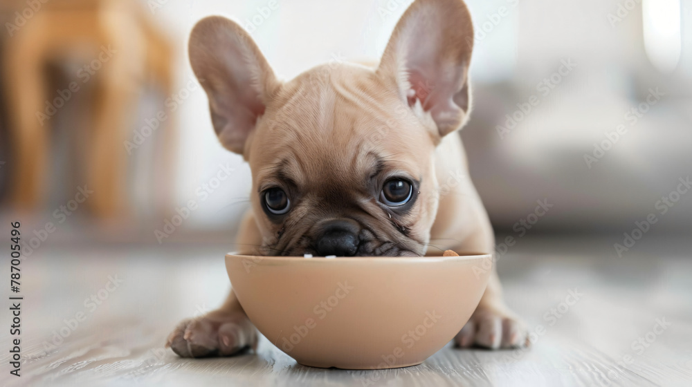 French bulldog puppy eating from a bowl