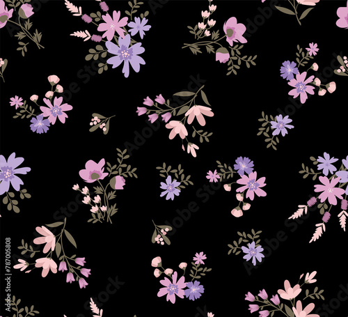 pattern on a pink background with a  wild  flowers of different sizes artwork for tattoo, fabrics, souvenirs, packaging, greeting cards and scrapbooking