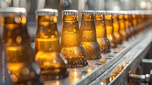 Amber Bottles Glide Along Brewery Line - Pure, Professional, with Space for Your Text. Concept Brewery Production, Amber Bottles, Professional Setting, Text Space photo