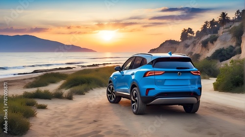 At sunset, a blue, sporty, modern compact SUV is parked on a concrete road next to a beach. Traveling on road trips during summer holidays in a brand-new, shining SUV car. front view of an electric ve